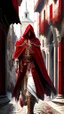 Placeholder: Assassin creed con dagas y espadas detalles en los pantalones en el pecho y en las botas caminando por Venezia capa pintura al óleo estilo renacentista hiperdetallado detalles intrincados obra de art vista frontale blanco rojo 8k