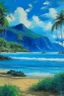 Placeholder: A blue beach with Hawaiian tikis painted by Claude Monet