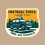 Placeholder: logo for a shop that installs tires and does oil changes, inside a shield shape with squared top and rounded bottom, in the style of national parks stickers