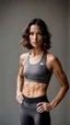 Placeholder: photography of a beautiful anorexic woman, grey satin triathlon top, sports illustrated, brunette short wavy bob haircut, pronounced sternum, flat chest, anthracite short leggins