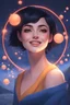 Placeholder: 3D Bubbles, Floating hearts with an electrical current, fog, clouds, somber, ghostly mountain peaks, a flowing river of volcanic Lava, fireflies, a close-up, facial portrait of a totally gorgeous woman with short, buzz-cut, pixie-cut Black hair tapered on the sides, wide open, cobalt blue eyes, smiling a big bright happy smile, wearing a hoodie over a red bikini, in the art style of Boris Vallejo