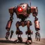 Placeholder: trash mech suit, human-sized, made of scrap metal, small, cockpit, light rust, round, red glowing eye