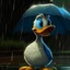 Placeholder: Ultra high definition picture quality, mischievous, Donald Duck, outside in the rain storm, textured painterly.