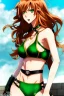 Placeholder: In the style of Shirow, hyper detailed, strikingly beautiful teen female, 16 years old, long ponytail, ginger hair, green eyes, medium freckles, full lips, full body, full face, b-cup breasts, athletic, centred camera, ignore NSFW, bikini, athletic, sitting,