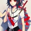 Placeholder: Ryuko Matoi,black skirt,black crop top,suspenders,red tie,red ahoge