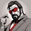 Placeholder: a young man with big muscles who looks like hans gruber wearing a turtleneck and red sunglasses staring with an angry look on his face