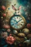 Placeholder: The fairy tale "Alice in Wonderland", a rabbit with a clock hurries among the bushes of vintage roses Oil on silk, work of art, hyperdetalization, professionally, filigree, misty haze,surrealism, transparent, delicate pastel tones, backlight, grunge style, three-dimensional watercolor, aesthetically pleasing, beautiful, realistic, high resolution, high detail, ISO 100 photosensitivity and aperture f/2.8, 1/250 with a 30 mm lens, 32 KB