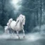 Placeholder: A white stallion galloping through the woods