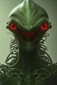 Placeholder: green alien, head, evil, red eyes, big silver teeth, weapons, blood, 8k, finely detailed, photo realistic, HR Giger style