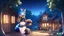 Placeholder: Girl, blue hair raccoon tail, raccoon ears, house, night time, forest, raccoon paws in foot, open navel