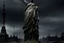 Placeholder: the statue of liberty, dress dirty and torn, her face solemn and terse, trash littered at her feet, she holds a crumpled american flag, she walks away, back to the viewer, under a dark and dreary sky