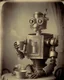 Placeholder: Daguerreotype portrait of a vintage robot drinking tea