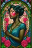 Placeholder: Intricately detailed character illustration resembling stained glass, featuring a beautiful black woman embellished with (pink roses:1.3), rendered with an eerie realism, illuminated in enchanting (light cyan and amber hue)