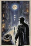 Placeholder: modern movie poster art by Drew Struzan, with text "THE MUSIC OF THE MOON" by "THOMAS LIGOTTI" about a somambulist who is drawn to the night streets following sinister dreamy music, gauzy textures, surreal art, by Dave mcKean, by Frank Miller, cool somber colors, dramatic mixed media, intricate detail, volumetric lighting, artistic photo layering effect.