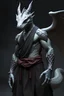 Placeholder: Make a Muscular Dragonborn wearing monk clothes with silver scales and red eyes