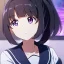 Placeholder: Clear focus, High resolution, short black fluffy hair, long locks, chopped bangs, pony tail, purple eyes, wearing a sailor uniform, (solo), anime screencap, pixel