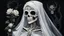 Placeholder: acrylic illustration, acrylic paint,(((The image depicts an undead female-a lich, a monstrous creature consisting of bones and a skeleton, on a black background:1.5))). (((White dress, white dress, white veil:1.5))). (((bride's bouquet:1.5))). (((The character is villainous and monstrous, with soft natural lighting and illumination that create reflections and bright illumination:1.3))). (((The image shows symmetrical large round magic eyes