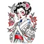 Placeholder: Tatto design Neotraditional style , Geisha with a Cherry Blossom Kimono, white background, tatto style, different angle