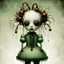 Placeholder: creepy Christmas themed porcelain doll with tubes connected to the back of its head from large vats filled with a greenish or reddish viscous liquids, color ink illustration, horror, surreal, gritty by Chris Friel and Dave McKean