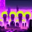 Placeholder: pos-apocalyptic cyberpunk city with destroyed buildings, a plubicity showing the number "2222", illuminated purple neon, dark, high contrast, at distance a gigantic atomic mushroom cloud