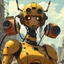 Placeholder: a feminine robot, yellow, post apocalyptic, vintage anime