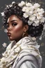 Placeholder: create an urban culture art image of a black curvy female looking to the side with a curly messy bun in a wrapped hair scarf. prominent make up with hazel eyes. 2k Highly detailed hair. Background of white clematis flowers surrounding her