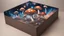 Placeholder: a box 10 cm long by 5 cm wide and 25 cm high, drawn on a box on all sides, butterfly mushrooms nebula, space, tress, planets, realistic