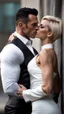 Placeholder: Jason david frank muscular male with short dark hair, wearing a designer suit, whispering in ear of young blonde woman, with short hair, wearing short white dress. hyper realistic