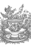 Placeholder: Outline art for coloring page, AVANT GARDE DRAWING TEACUP SET IN A GARDEN, coloring page, white background, Sketch style, only use outline, clean line art, white background, no shadows, no shading, no color, clear