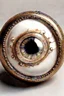 Placeholder: Set in rose-gold, mesmerizing—and bizarre is a Lovers Eye, Part-portrait, part-jewel, the miniature portraiture of a single eye of a beloved, painted with watercolor on ivory,18th century style, the beloved's eye floats uncannily against a monochromatic background. No other facial features anchored it, except an eyebrow. All focus on the composition’s core of a dark iris gazes ardently from behind a soft, love-drunk lid. Lovers eye portraiture, romantic, realism, Victorian, surrounded by blue ve