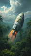 Placeholder: A UFO spacecraft crashed and damaged on the trees in the Amazon rainforest , covered with green bushes, Busch painting style nightmare