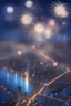 Placeholder: A huge city with blue fireworks over the skyine. beautiful night