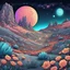 Placeholder: Colourful, scifi, night sky filled with galaxies and stars, Martian landscape, rock formations, houses, flowers, one-line drawing, sharp focus, 8k, deep 3d field, intricate, ornate