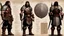 Placeholder: character concept sheet with AD&D statistics and characteristics, [vintage style noisy scratches glitches, Shot the texture and then rewound the film and double exposed the face] a Barbarian ranger with his leather armour, his broad sword and his small iron shield