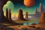 Placeholder: Rocks, mountains, planet in the sky, sci-fi, 90's sci-fi movies influence, walter leistikow, hans am ende, and ernest welvaert impressionism paintings