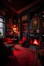 Placeholder: Inside an old gothic Victorian home that is decorated in all black, paintings on the wall, bookshelves everywhere, and a warm inviting fireplace off to the side. The interior looks well-loved, well used and well taken care of. The photo should have an atmospheric feel to it.