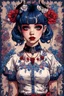 Placeholder: wears a smart shirt which is embroidered with bluered flowers and ornaments, has dark eyes and horns,Poster in two gradually, a one side malevolent goth vampire girl face and other side the Singer Melanie Martinez face, full body, painting 90's movie , pixel art , for a retro gaming 2D style by Yoji Shinkawa, darkblue and sepia tones,