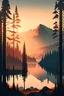 Placeholder: Stylized image of a forest, near a serene lake and mountains in the background at sunrise