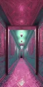 Placeholder: liminal dark hotel hallway flooded pink turquoise