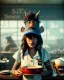 Placeholder: Waist up portrait, hybrid character, waitress British woman with monster muppet mask that covers her entire head, Sesame Street style, retro style, pub, short shirt, tray, beer, old school tattoo, hot, smooth, unreal engine 5, god lights, ray tracing, RTX, lumen lighting, ultra detail, volumetric lighting, 3d.