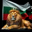 Placeholder: Create A hyper-realistic highly detailed, image of a majestic lion lying down, wearing a royal crown. The lion's fur should be rich and textured, with a regal and powerful presence. Behind the lion, the big flag of the Republic of Bulgaria(white, green,red) waves gracefully, its white, green, and red colors vivid and well-defined. The background should be an elegant, deep black, creating a striking contrast that enhances the grandeur of the lion and the flag. The lighting should be drama