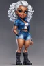 Placeholder: create an airbrush illustration of a chibi cartoon voluptuous black female wearing a blue jean outfit with biker boots. Prominent make up with hazel eyes. Extremely highly detail of a very low platinum blonde pixie haircut. Background of a bike show.