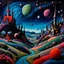 Placeholder: Felt artwork, detailed creepy landscape, village, stars and planets, Roger Dean, naïve, Tim Burton, strong texture, Ernst Haekel, extreme detail, Max Ernst, decal, rich moody colors, sparkles, Yves Tanguy, bokeh, odd