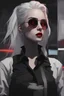 Placeholder: The style is an oil painting. Dark palette. A young girl. White hair. Neon hair. Red eyes. Black lipstick. Black makeup. Waist-high. Black shirt. An angry look.