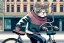 Placeholder: One single cat wearing jeans and sweater, riding on a bike in Vienna, perfect iris, manga style, cute