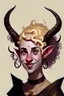 Placeholder: A young tiefling woman with a set of ram horns and a set of twisted gazelle horns on her head. Blonde, short curly hair, black eyes with no pupils, she is happy