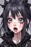 Placeholder: Closeup anime Girl goth with big eyes, fullbody, ragged clothes, slime, the perspective looking down, rolling eyes, tongue out, saliva drip, open mouth,