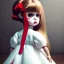 Placeholder: A girl's doll wearing a white dress with red blood bleeding from the back