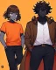 Placeholder: Anime manga style, Black skin boy, with dark brown curly hair, wearing red and orange clothes and black jeans, always with one hand in his pocket, looking a little irritated