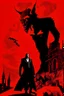 Placeholder: Woland, Behemoth, Korovjov from Mikhail Bulgakov’s The Master and Margarita, red background, black, white figures,